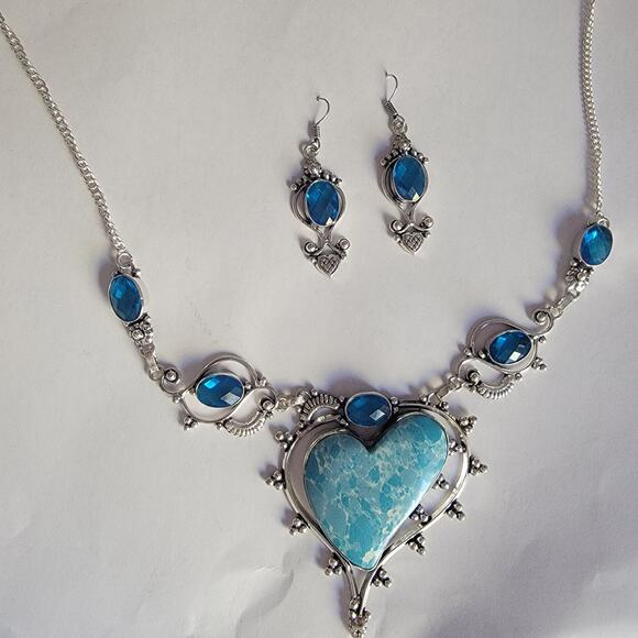 Sterling Silver Blue Howlite Heart Necklace Set With Blue Topaz Earrings - Picture 3 of 10